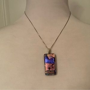 CA NECKLACE STERLING SILVER 925 ITALY BOX CHAIN 17” DICHROIC GLASS PINK PENDANT